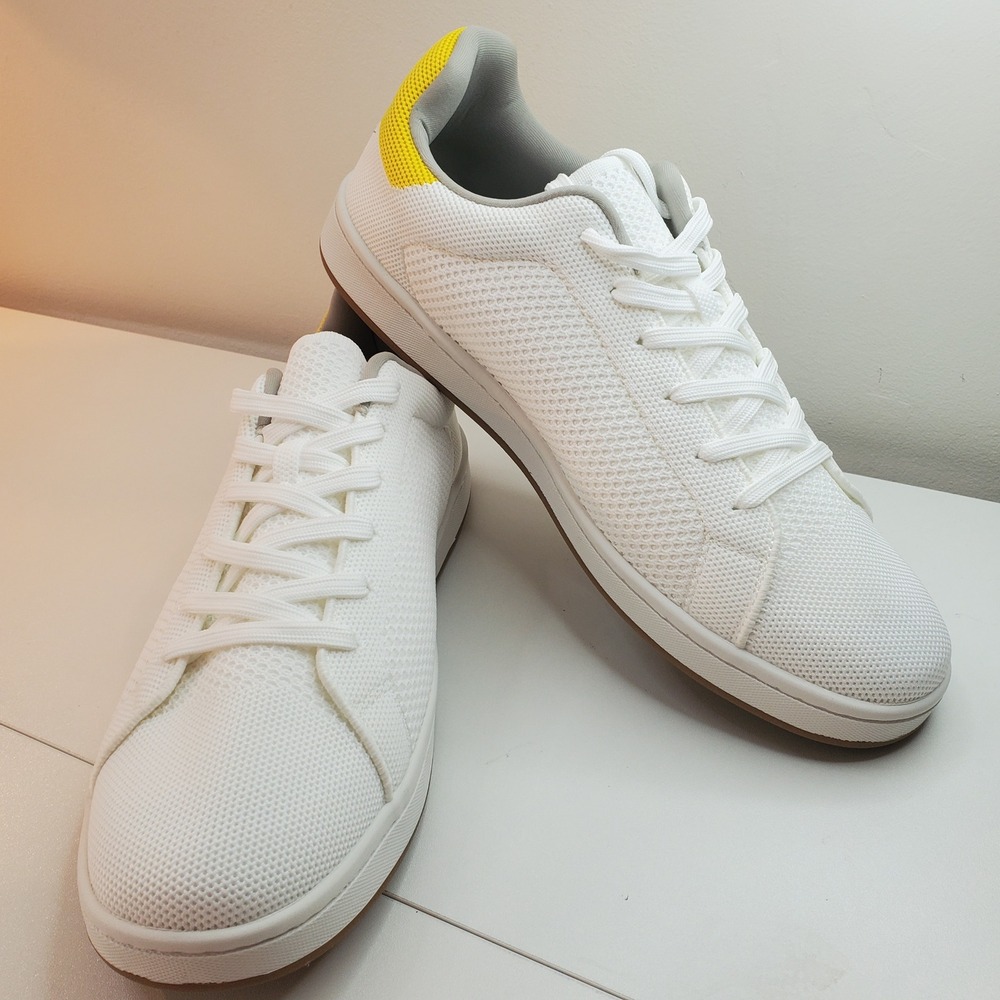 Men's White Mesh Sneakers with Yellow Heel Trim